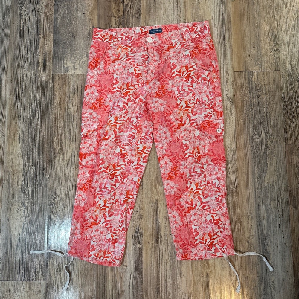 Caribbean Joe Pink Floral Cargo Capri Pants Tropical Crop Drawstring Hem Size 6